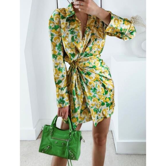 Zara Yellow Green Floral Paisley Print Silky Wrap Shirt Dress size XS - Picture 3 of 11